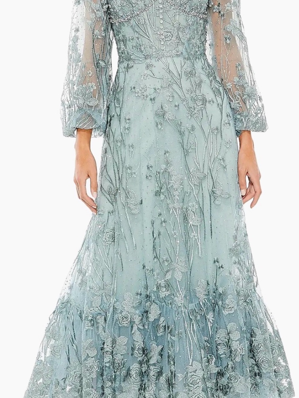 Mac Duggal Dusty Sage Green Embroidered Long Sleeve Gown